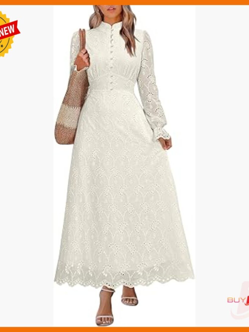 Formal Long Sleeve Maxi Dress with Pockets, Eyelet High Neck, Regular Fit